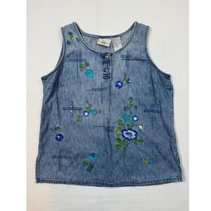 Cottagecore Studio Ease Petite Embroidered Denim Tank Top Women 14P Light Blue